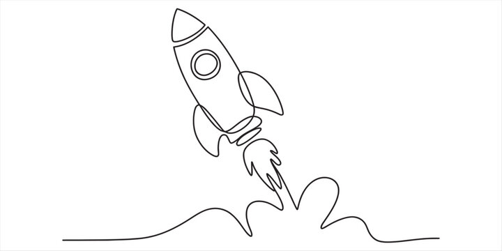 Continuous one line drawing of a rocket ship launching into space with exhaust clouds Vector, illustration