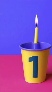 Minimal yellow cup with number one and single lit candle, bold color contrast, conceptual visual, symbolic imagery for leadership, success, individuality, first step, motivation, spotlight