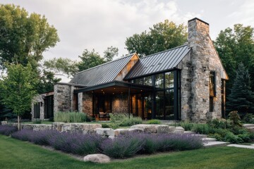 Modern stone house located in a green area with large windows and a stone chimney and surrounded by grass and plants in bright daylight