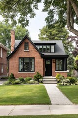 A contemporary brick home, surrounded by a lush green lawn and vibrant garden, set in a picturesque suburban neighborhood on a sunny summer day