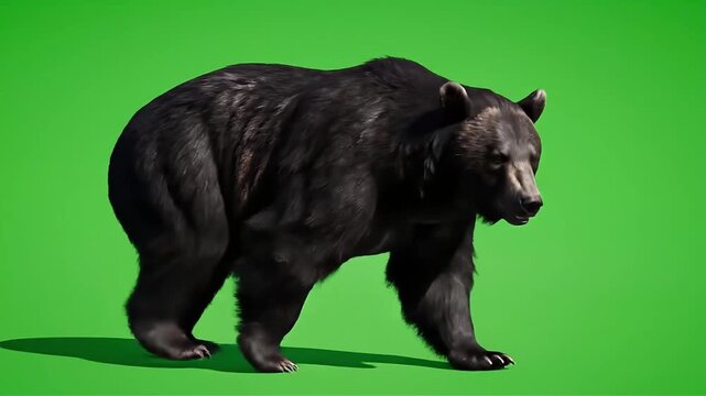 Realistic black bear walking on a green screen background perfect for compositing into dynamic video projects and visual effects applications