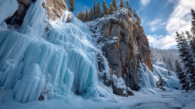 Massive frozen waterfall ice curtains on a limestone cliff with snow-covered pine trees and a pale blue winter sky in hyper-detailed style.
