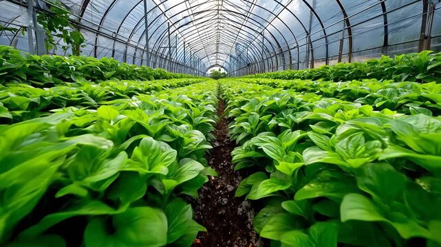 Interior view of a long professional industrial greenhouse is filled with lush green leafy plants under a symmetrical arched structure.