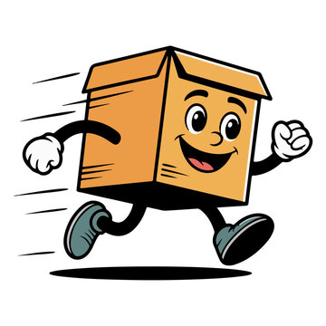 A cheerful cartoon of a running box with smiling face, embodying speed and delivery service. Perfect for logistics or moving concepts!