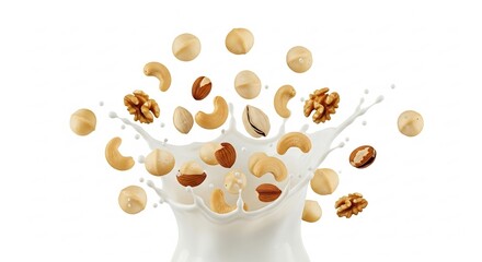 Obraz premium nuts and plant milk splash on white, healthy dairy alternative