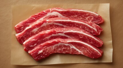 Obraz premium Fresh Raw Slices of Pork Meat on Brown Butcher Paper Ready for Cooking or Grilling in Culinary Dishes with Flavorful Marinades and Seasonings