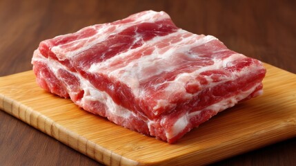 Obraz premium Fresh Raw Pork Belly on Wooden Cutting Board Ready for Cooking in Traditional Cuisine Dishes and Asian Recipe Preparation with Natural Texture and Color