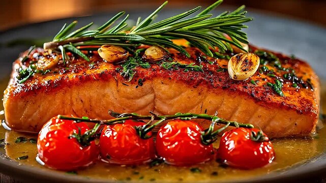 Pan-seared salmon fillet displays golden crispy skin topped with caramelized garlic and rosemary beside juicy blistered cherry tomatoes.