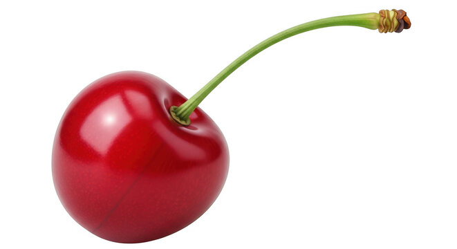 Single red cherry on stem isolated on transparent background