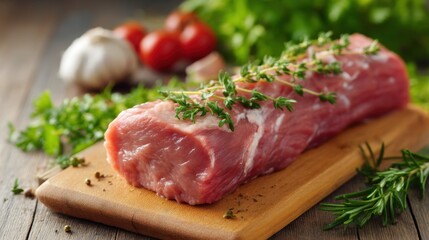Fototapeta premium Fresh Raw Pork Tenderloin with Herbs and Vegetables on Wooden Cutting Board Surrounded by Garlic and Cherry Tomatoes in Rustic Kitchen Setting