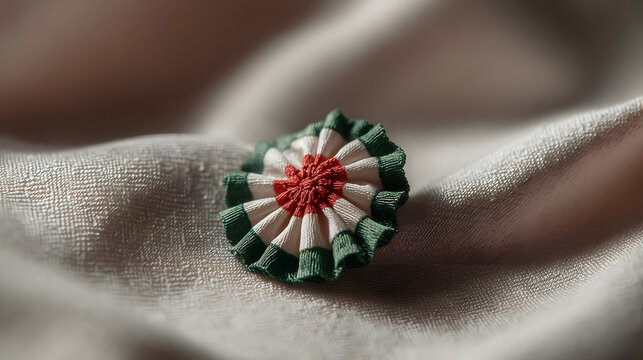 Concept of Hungary Revolution Day A beautiful, intricately folded fabric cockade, displaying the national colors of the Hungarian flag &ndash; red, white, and green &ndash; rests delicately