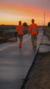 Construction workers walking on a newly laid road at sunset, with power lines and construction equipment in the background, possibly for infrastructure or roadwork projects