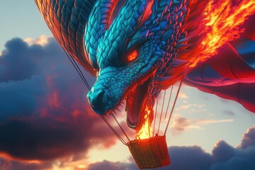 Fantasy Dragon Hot Air Balloon Surreal Art Scene at Sunset