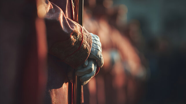 Concept of Hungary Revolution Day A solemn close-up focuses on the clasped, weathered hands of a soldier in a dark military uniform, with subtle details of the brass buttons and belt visible