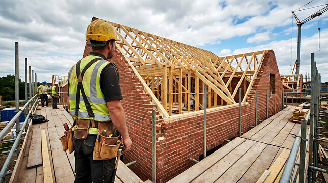 Construction worker inspecting building site with wooden scaffolding