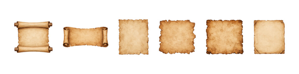 Collection of vintage parchment scrolls and aged paper sheets with ragged edges isolated on white. Ideal for antique maps, scrolls, and retro designs.