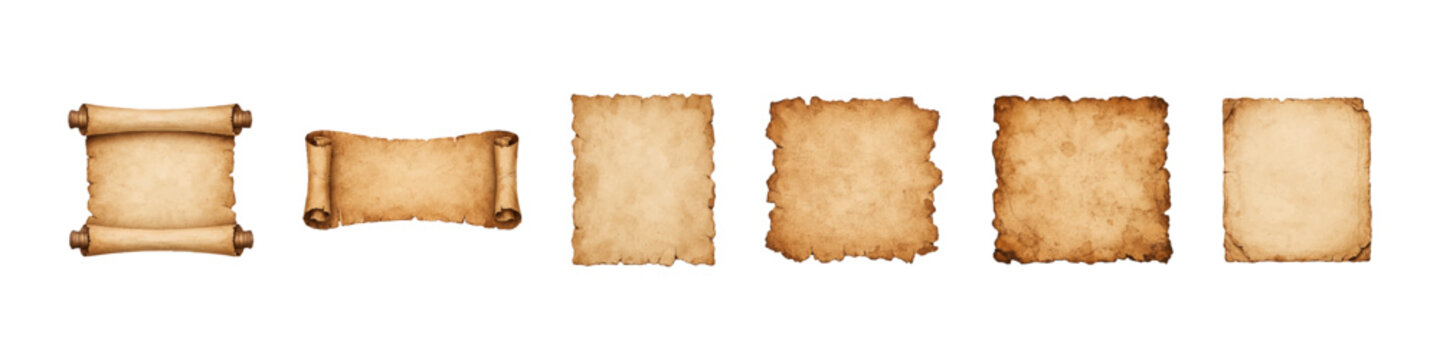 Collection of vintage parchment scrolls and aged paper sheets with ragged edges isolated on white. Ideal for antique maps, scrolls, and retro designs.