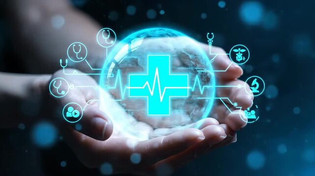 Close up of hands cradling a luminous digital sphere displaying a medical cross and a pulsing heartbeat line with surrounding health icons on a dark, bokeh background.