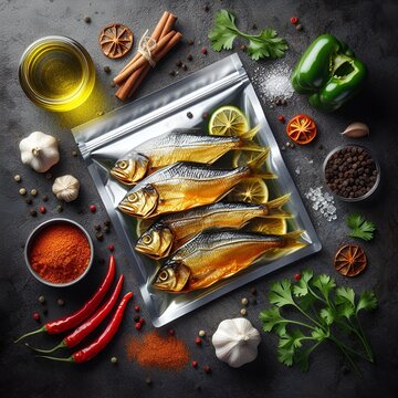 Vacuum sealed dried fish with herbs and spices, preserved seafood ingredients for cooking, healthy homemade meal preparation concept.