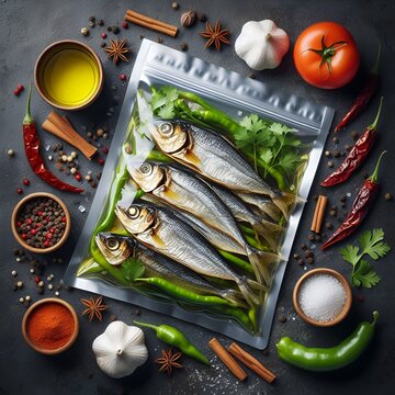 Vacuum sealed dried fish with herbs and spices, preserved seafood ingredients for cooking, healthy homemade meal preparation concept.