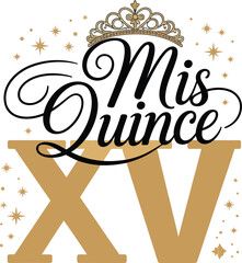 Elegant Mis Quince celebration logo with golden crown and stars