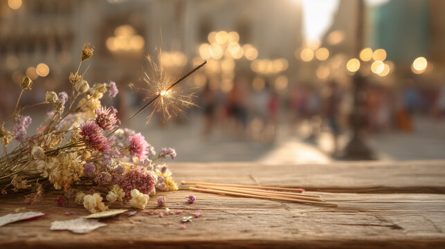 Las Fallas Festival, Firecrackers and Traditional Festival Decorations on Wooden Surface During Las Fallas Fireworks Celebration Valencia