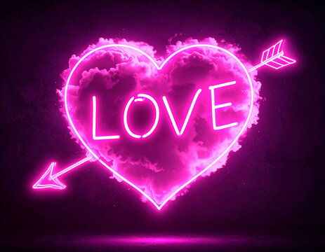 coraz&oacute;n formado por nube rosa una flecha atravesada, con contorno de ne&oacute;n en medio dice love