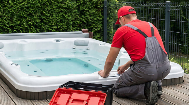 Technician servicing a hot tub on a wooden deck outdoors