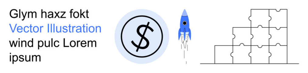 Obraz premium Business strategy, innovation, financial planning, growth potential, entrepreneurship, teamwork. Rocket launching, currency sign in circle puzzle blocks stacked. Business strategy and innovation