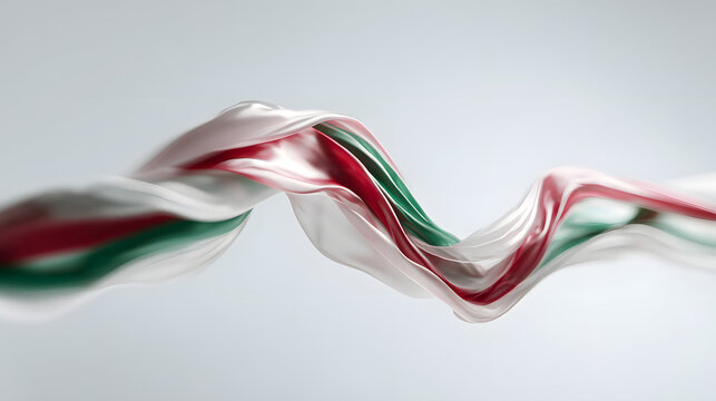 Hungary Revolution  Smooth, flowing ribbons of fabric in red, green, and white colors elegantly undulate and twist horizontally across a bright, minimalist background, creating a dynamic and abstra