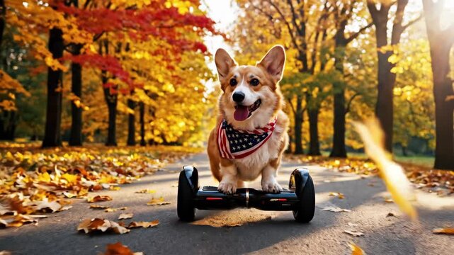 Happy Corgi Dog on Hoverboard Wearing American Flag Bandana Autumn Park