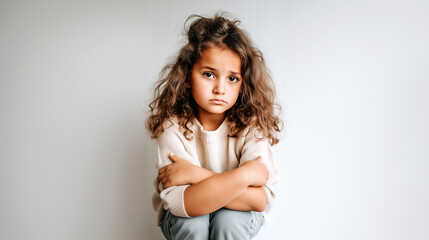 Fototapeta premium Upset child with arms crossed, sad expression, standing against wall. Young girl showing disappointment, conflict emotion, withdrawn posture. Childhood feelings, social difficulty, school issue.