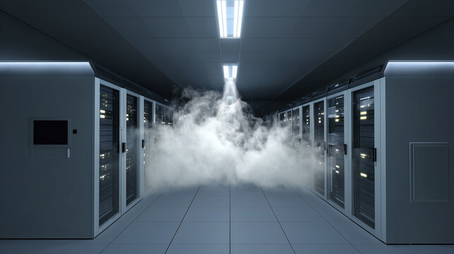 Fire suppression system activated in server room, releasing gas extinguisher. Modern data center emergency response, automatic safety equipment protecting IT infrastructure from fire hazard.