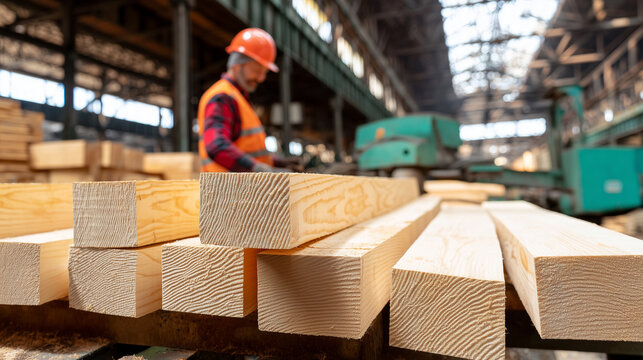 Worker in orange hardhat inspecting stacked timber planks at sawmill, wood grain texture, industrial lumber production, large factory interior, bokeh background.