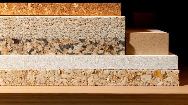 Sustainable building materials stack made from recycled wood chips and compressed sawdust. Chipboard, particle board, insulation panels. Eco-friendly construction, renewable resources, manufacturing.