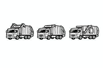 Set of three black and white cartoon garbage trucks vector illustration