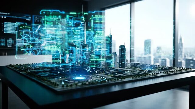 A futuristic holographic model of a city, illuminated with blue and green lights, sits on a table in an office with a cityscape visible through the window.