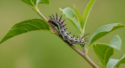 Fototapeta premium Close up of a white caterpillar on a plant stem