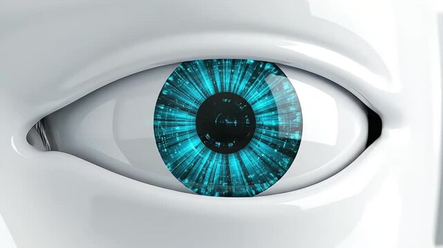 Close-up of a futuristic robot eye with a glowing blue iris, representing artificial intelligence and advanced technology.