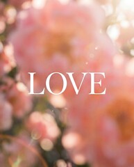 Romantic Pink Floral Background with Elegant White Love Typography and Soft Dreamy Sunlight Bokeh for Valentine's Day and Wedding Design