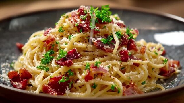 Close up shot of creamy spaghetti pasta topped with crispy bacon, grated cheese, black pepper, and fresh parsley. A fork lifting pasta on a dark plate, perfect for Italian food, comfort meal.