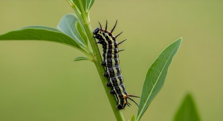 Close up of a creepy caterpillar on a plant stem