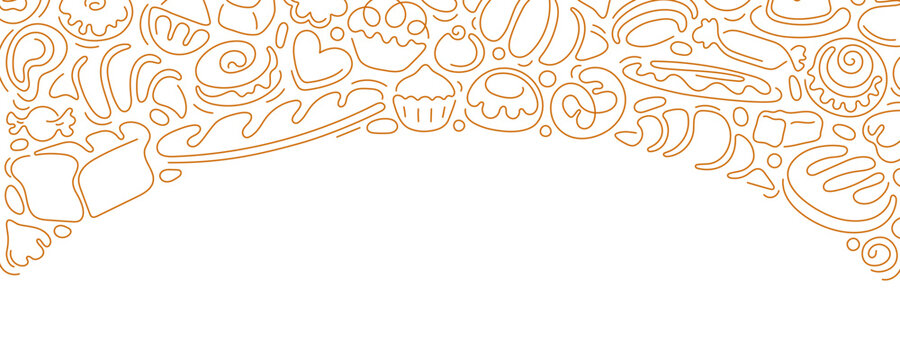Bakery line bg. Bread, croissant, cake drawn sign