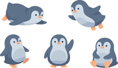 Fototapeta premium Cute cartoon penguins in various poses.