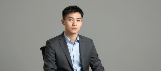 Young professional man wearing a gray suit jacket and light blue shirt sitting on a chair looking directly at the camera with a neutral expression against a gray background.