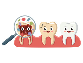 Obraz premium Vector illustration of dirty smelly teeth cartoon character examined with magnifying glass on white background ideal for dental hygiene awareness designs