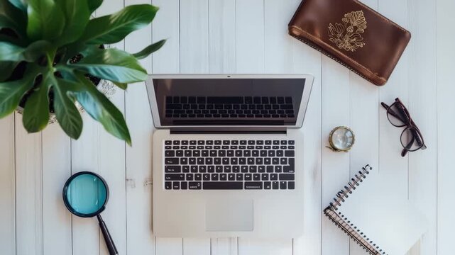 Creative workspace with laptop on white wooden background overhead shot, dynamic flat lay of modern office essentials