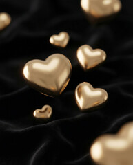 Fototapeta premium Elegant 3D golden hearts levitating over black velvet fabric background