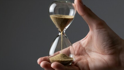 A hand gently holding an hourglass with sand flowing from top to bottom indicating passage of time