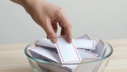 A hand is picking a blank card with a red border from a glass bowl containing multiple similar cards on a wooden surface with a plain background softly lit.